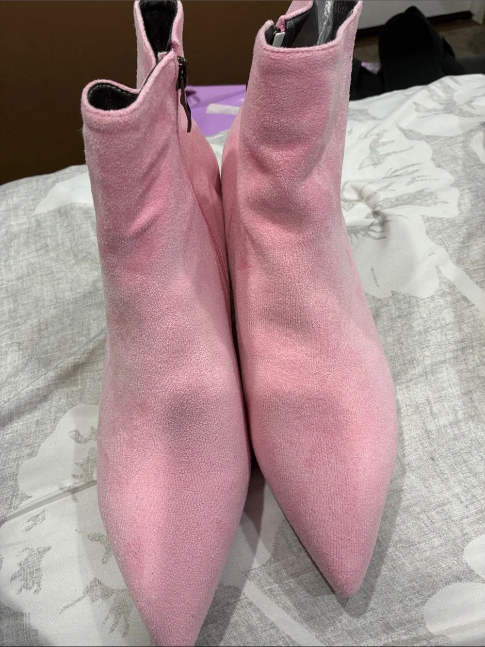 Pink Suede Pointed-Toe Ankle Boots